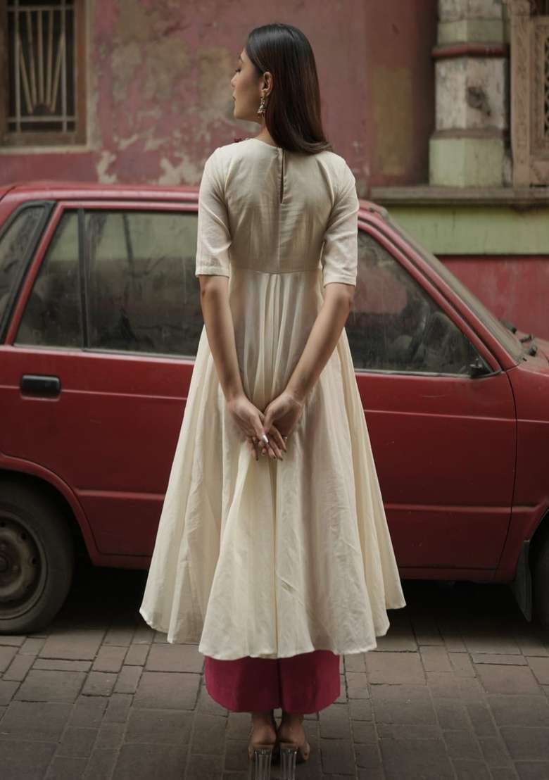 Cream Embroidered Cotton A Line Kurta Set - Indya