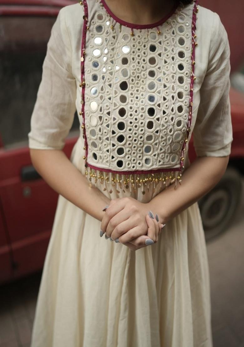 Cream Embroidery Cotton Kurta Set - Indya