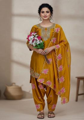 Olive Green Embroidery Satin Sharara Set