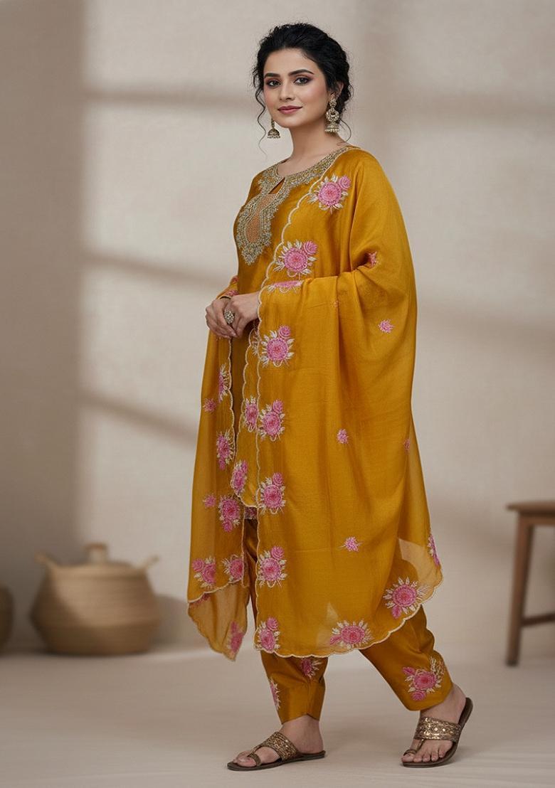 Olive Green Embroidery Satin Sharara Set - Indya