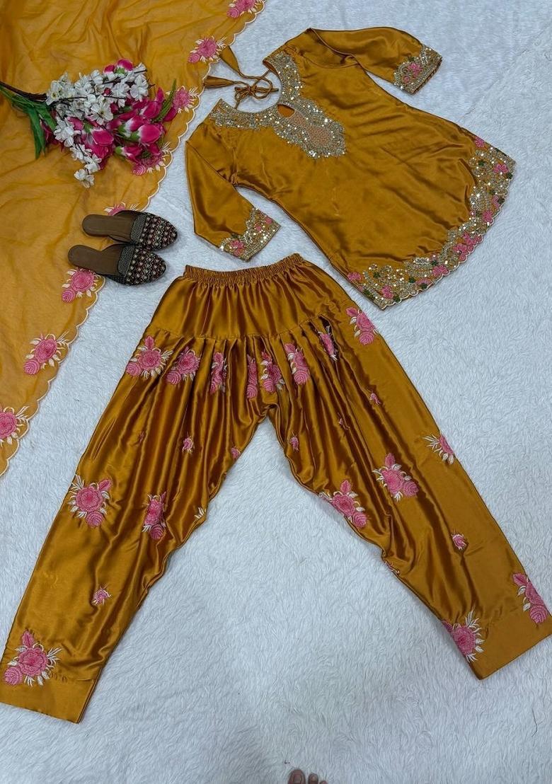 Olive Green Embroidery Satin Sharara Set - Indya