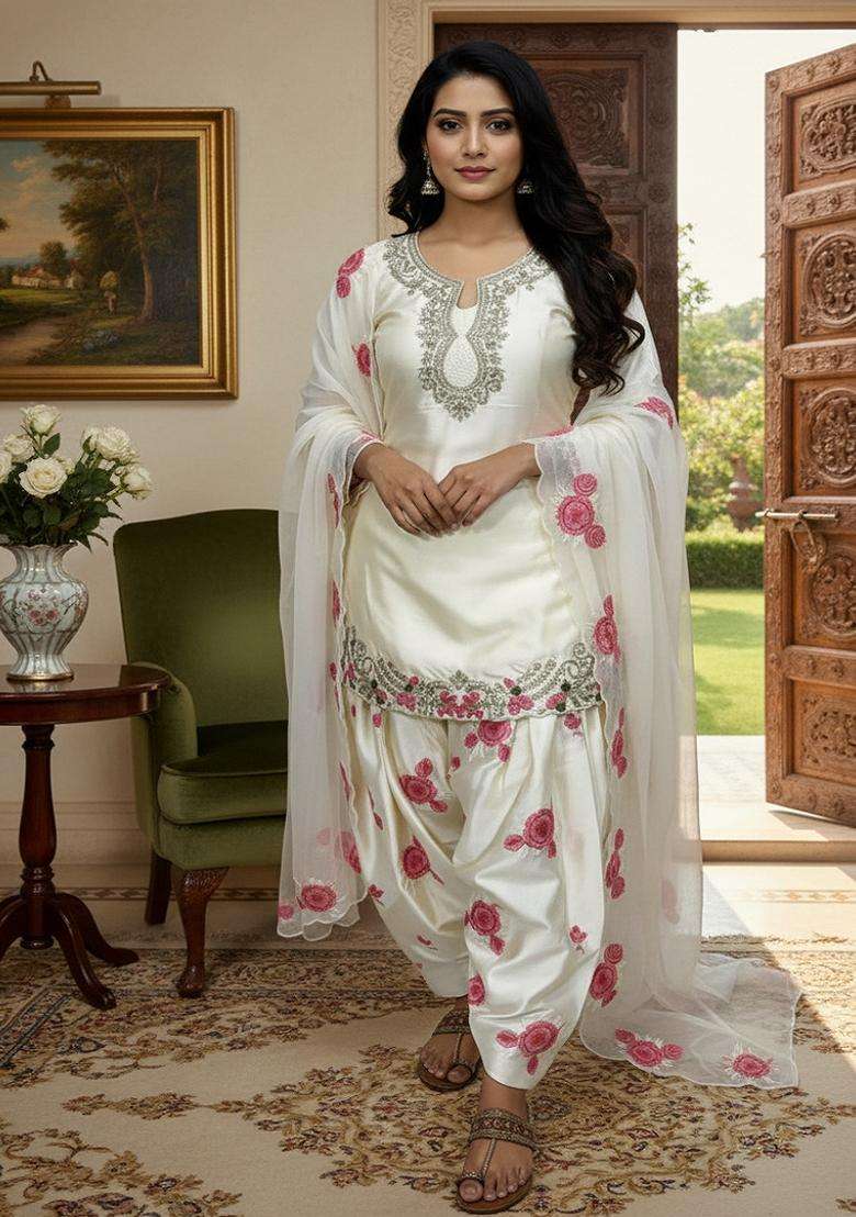 White Embroidery Satin Sharara Set - Indya