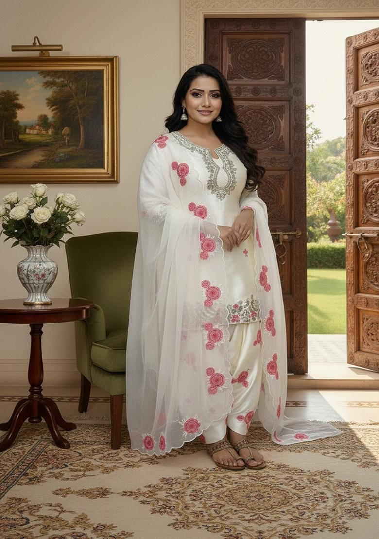 White Embroidery Satin Sharara Set - Indya