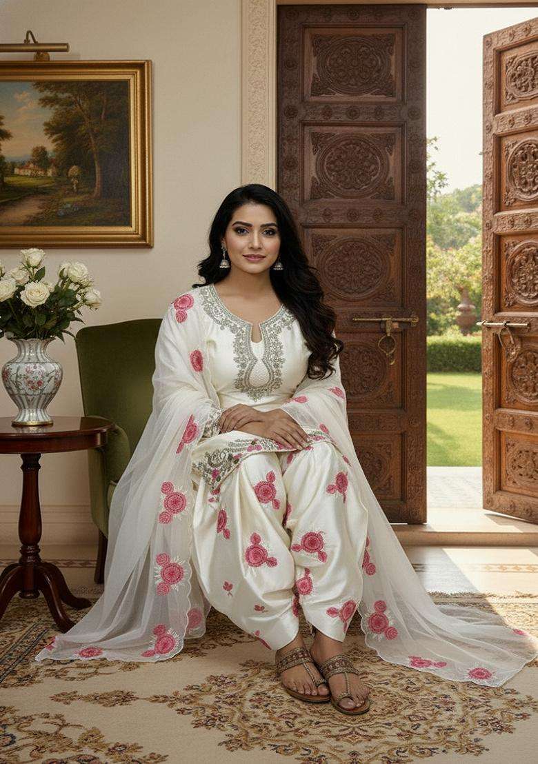 White Embroidery Satin Sharara Set - Indya