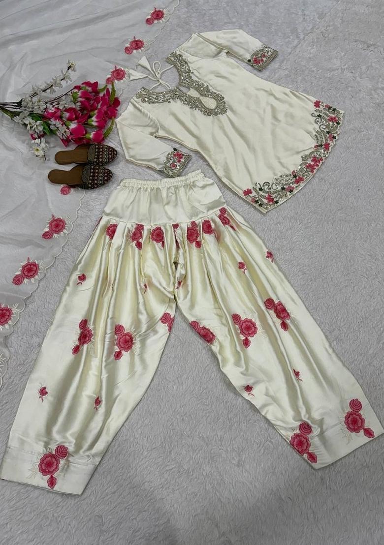 White Embroidery Satin Sharara Set - Indya