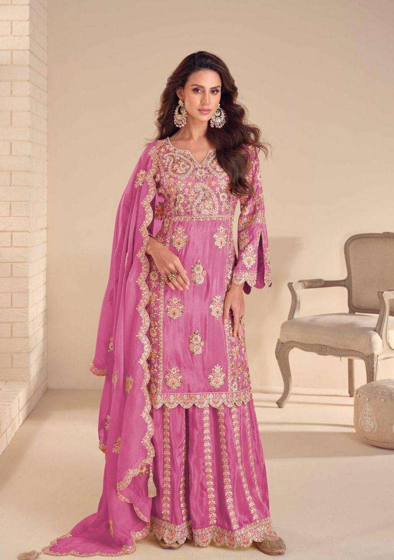 Pink Embroidered Shimmer Sharara Set - Indya