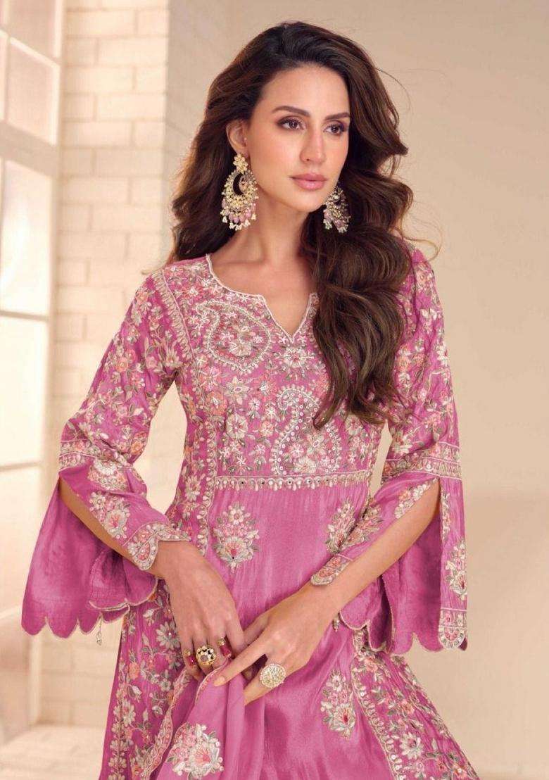 Pink Embroidered Shimmer Sharara Set - Indya