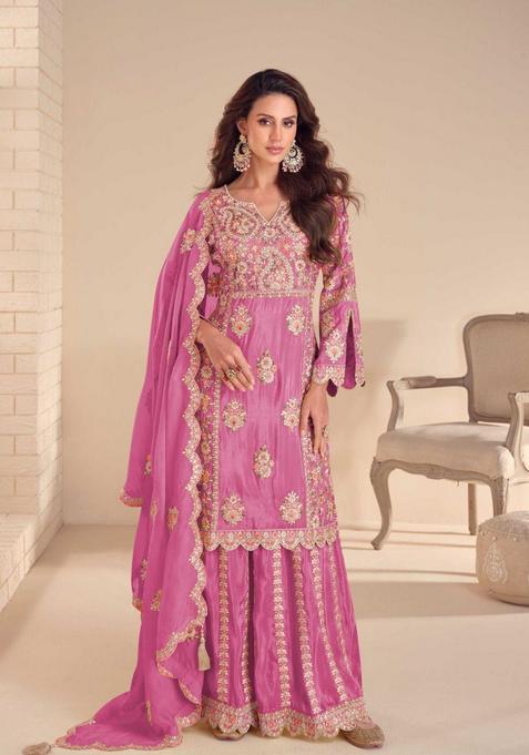 Pink Embroidery Shimmer Kurta Set