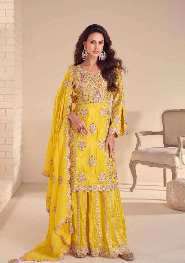 Yellow Embroidered Shimmer Sharara Set - Indya