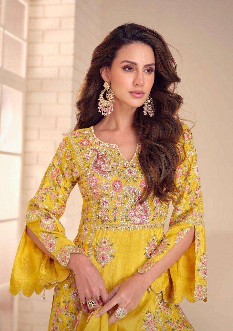 Yellow Embroidered Shimmer Sharara Set - Indya