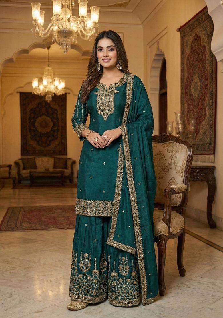 Dark Green Embroidered Silk Blend Sharara Set - Indya