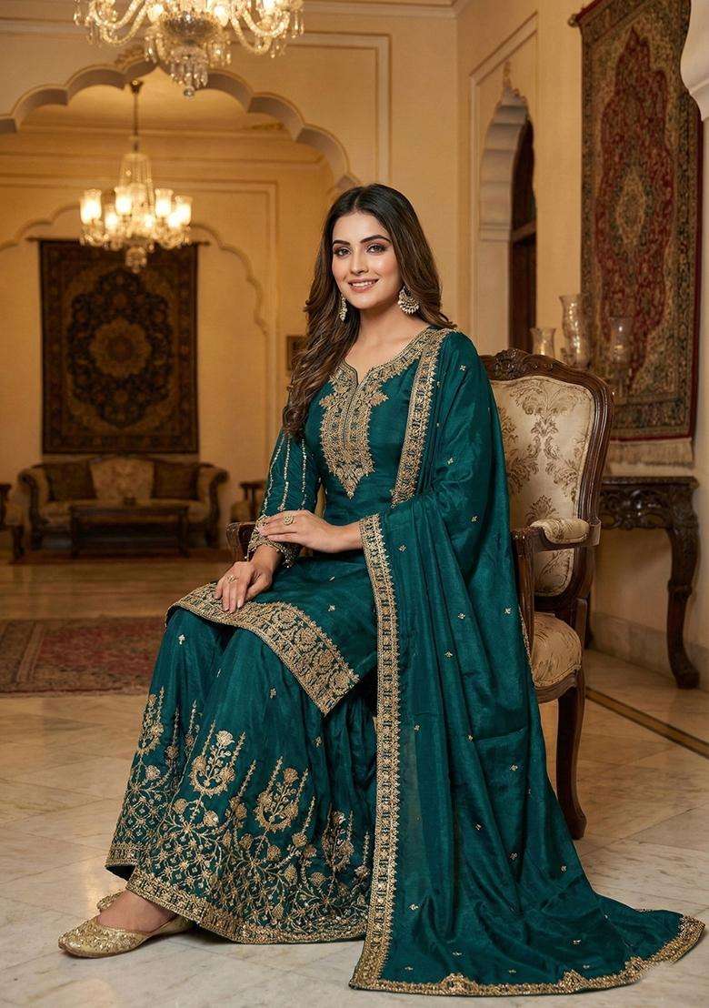 Dark Green Embroidered Silk Blend Sharara Set - Indya