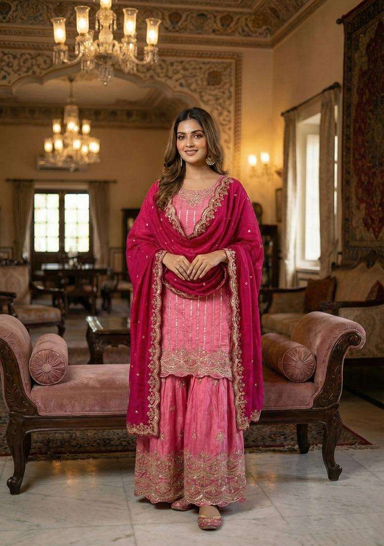 Pink Embroidered Silk Blend Sharara Set - Indya