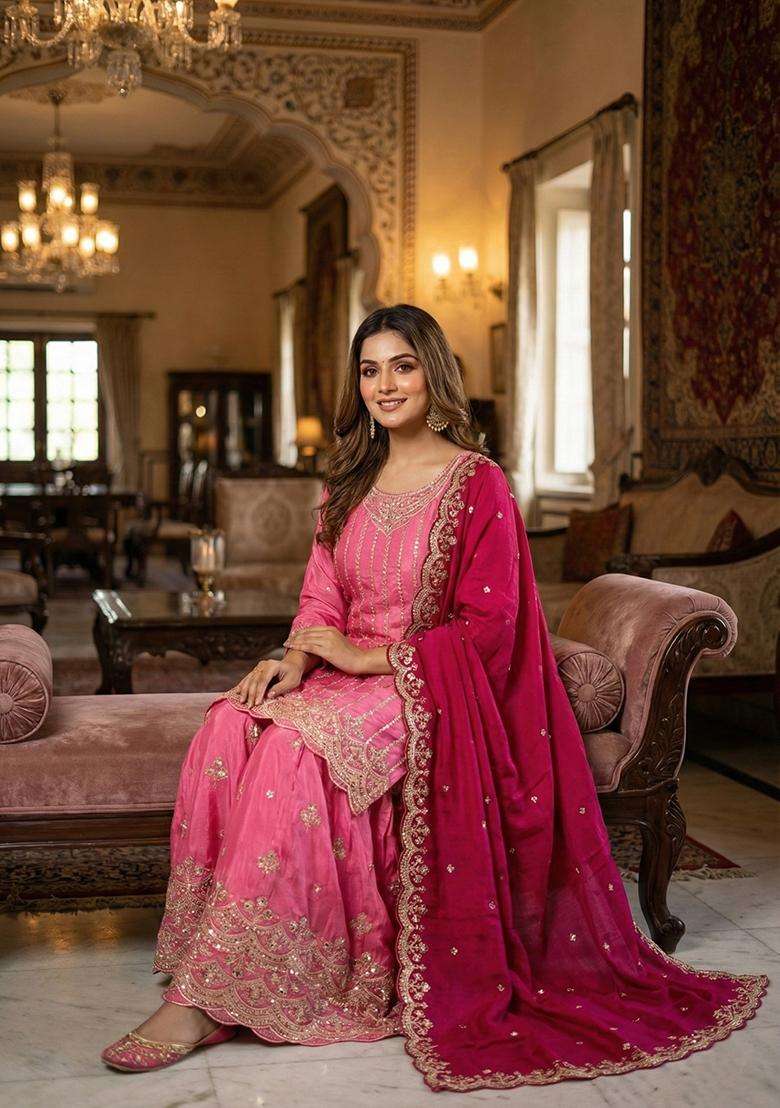 Pink Embroidered Silk Blend Sharara Set - Indya