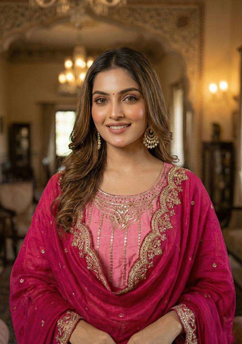 Pink Embroidered Silk Blend Sharara Set - Indya