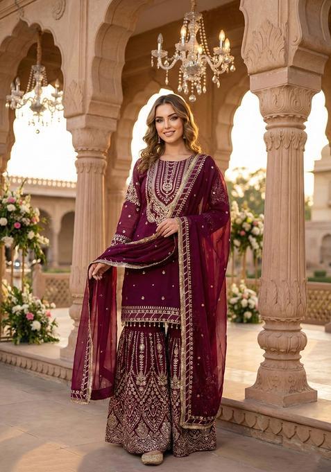Maroon Embroidery Georgette Kurta Set