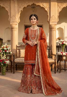 Orange Embroidery Georgette Kurta Set