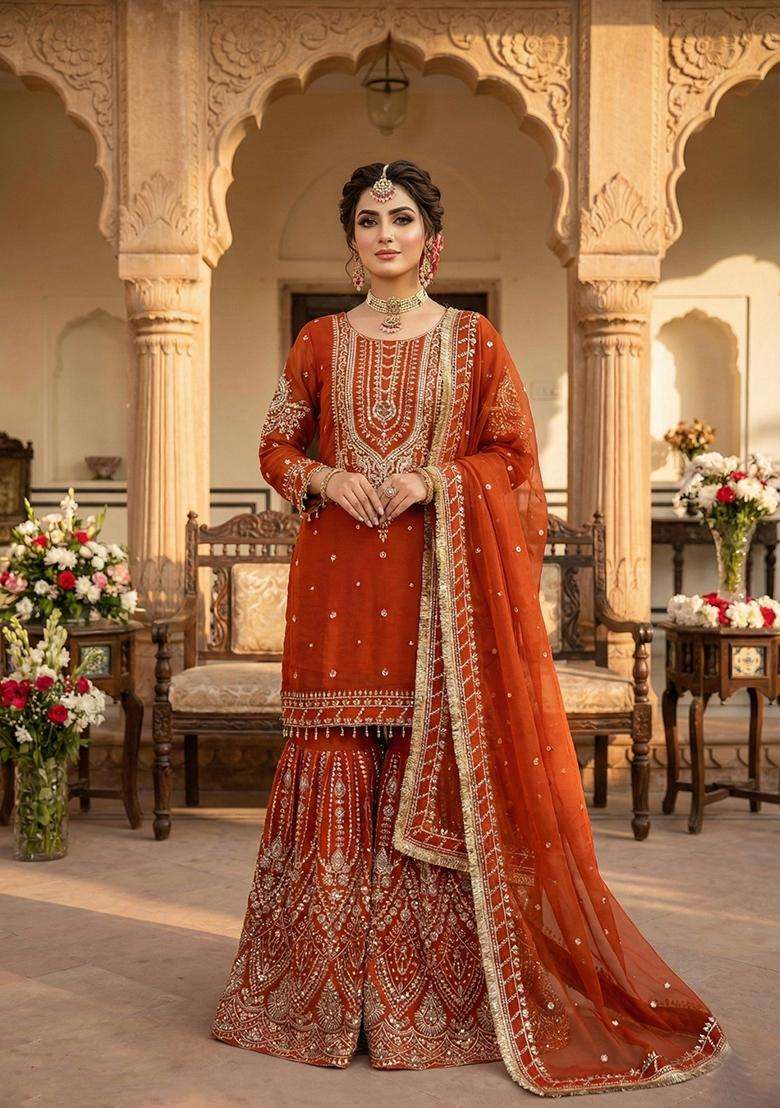 Orange Embroidered Georgette Sharara Set - Indya