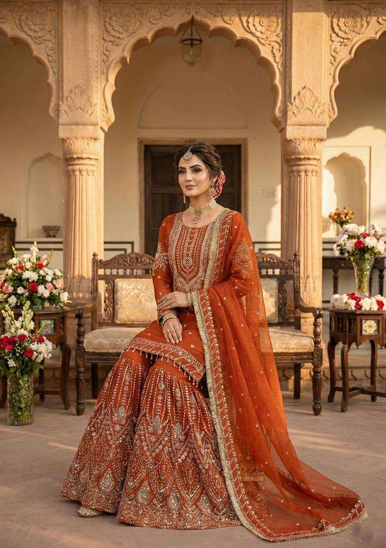 Orange Embroidered Georgette Sharara Set - Indya