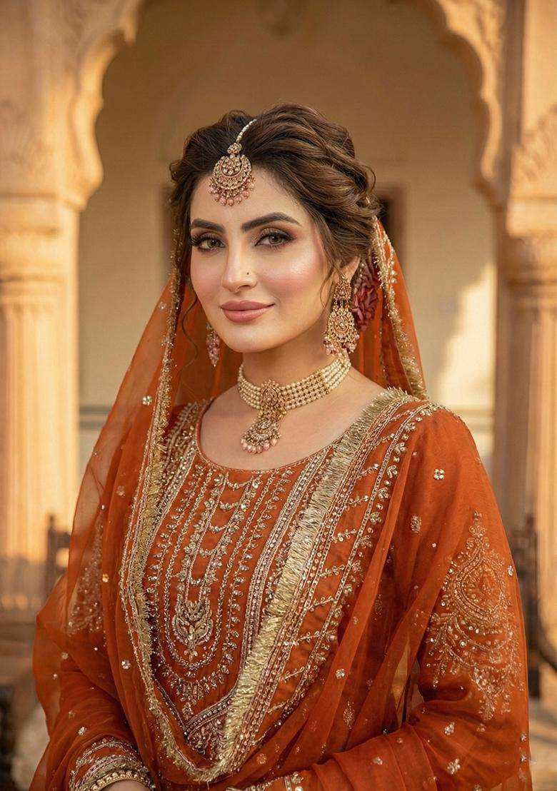 Orange Embroidered Georgette Sharara Set - Indya