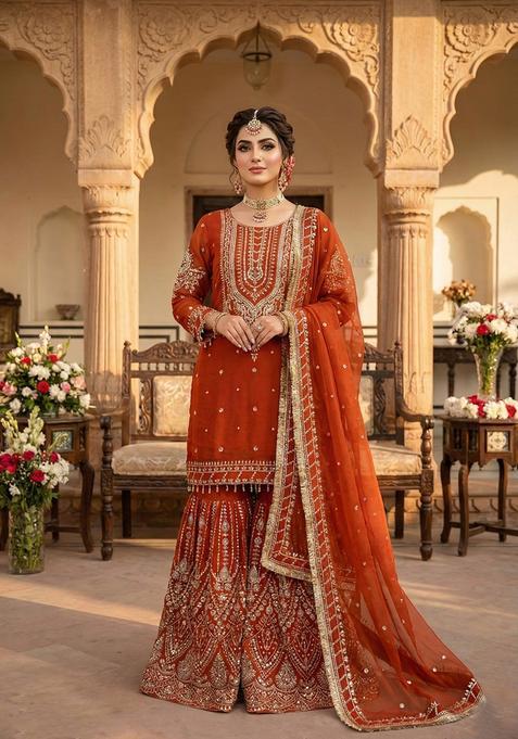 Orange Embroidery Georgette Kurta Set