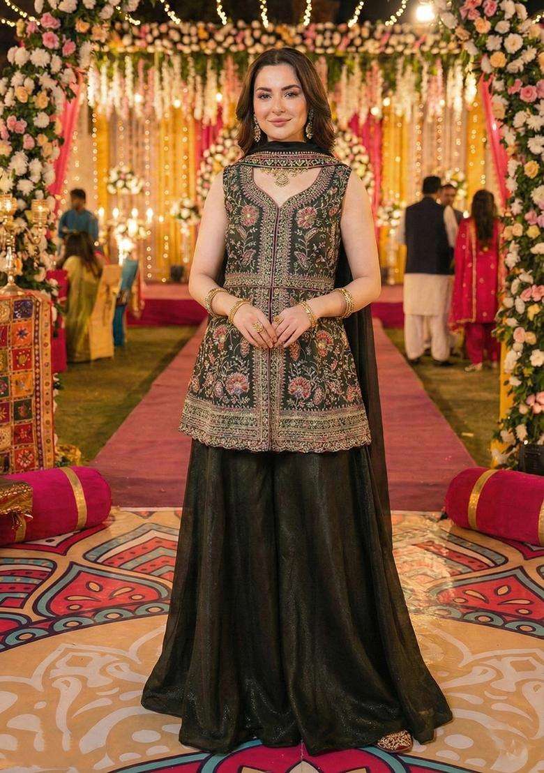 Mehendi Embroidered Georgette Sharara Set - Indya