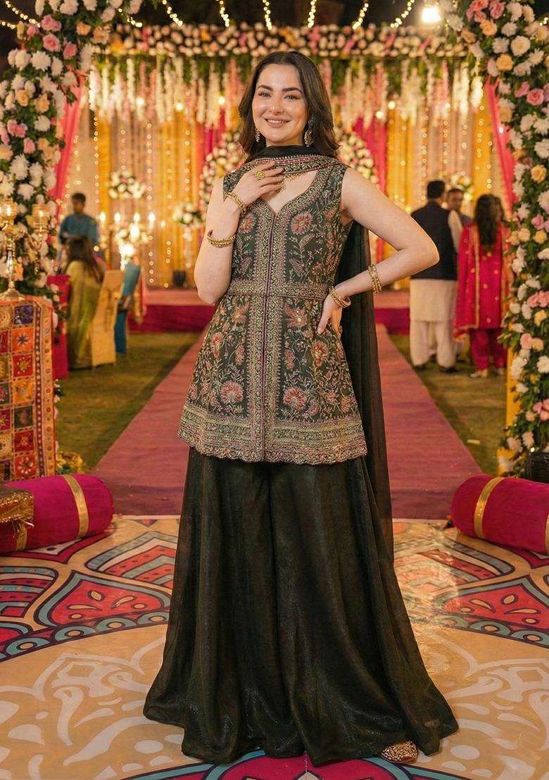 Mehendi Embroidered Georgette Sharara Set - Indya