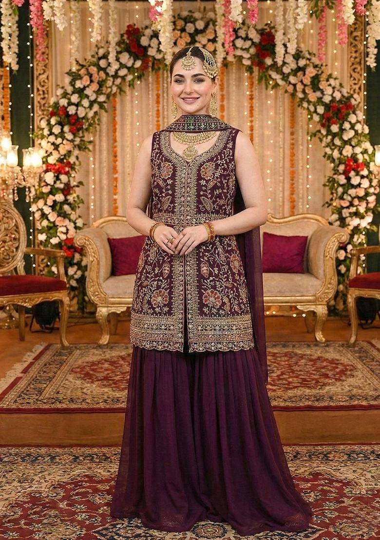 Maroon Embroidered Georgette Sharara Set - Indya