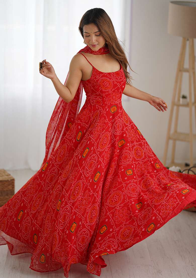 Red Bandhani Chiffon Anarkali Set - Indya