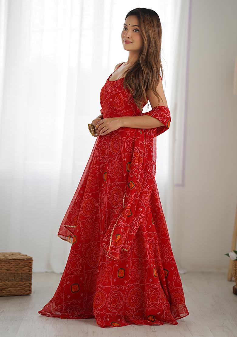 Red Printed Chiffon Kurta Set - Indya