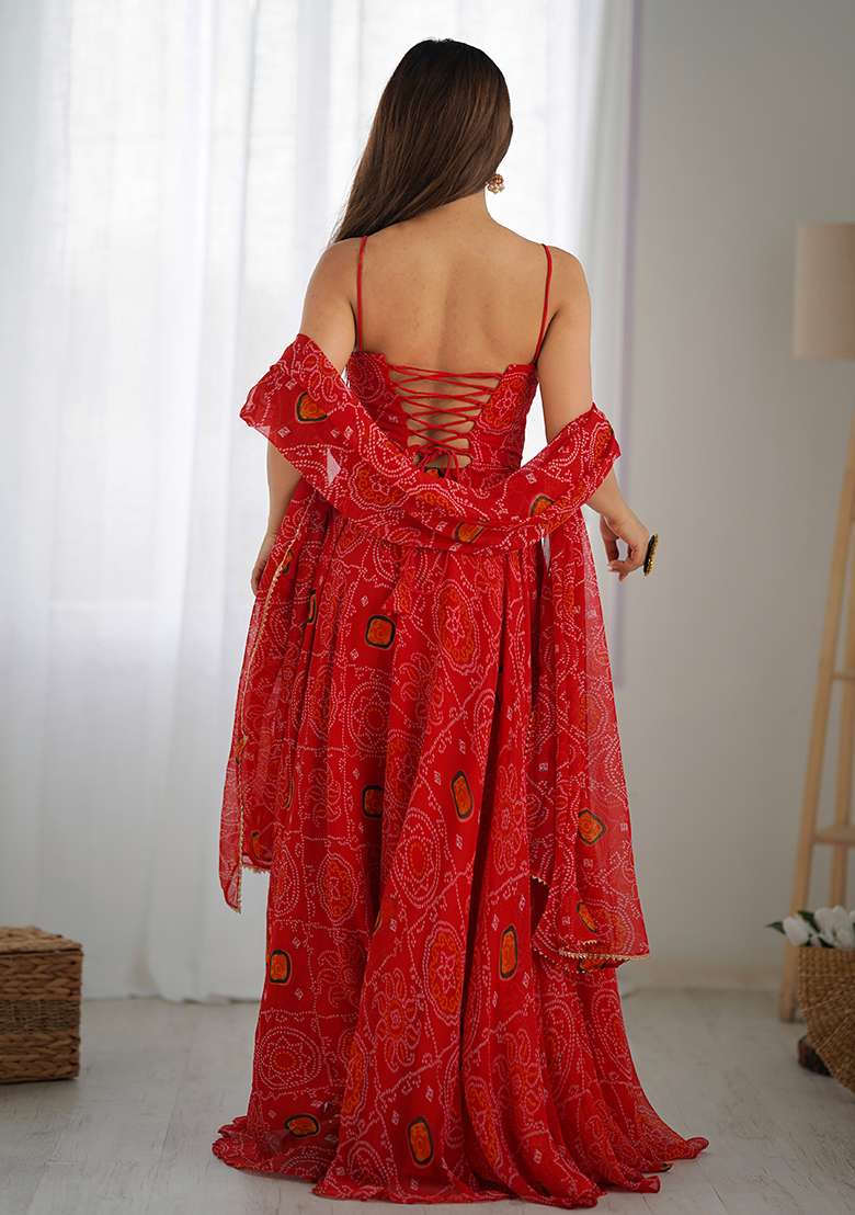 Red Bandhani Chiffon Anarkali Set - Indya