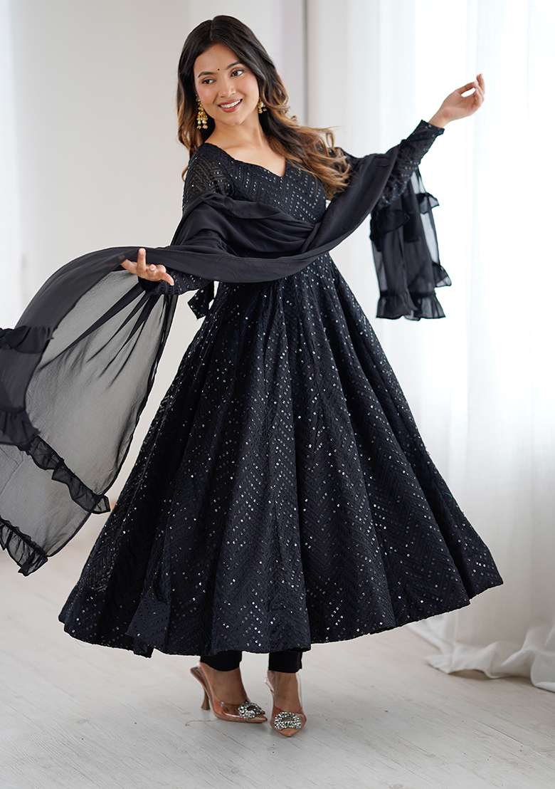 Black Sequin Work Georgette Anarkali Set - Indya