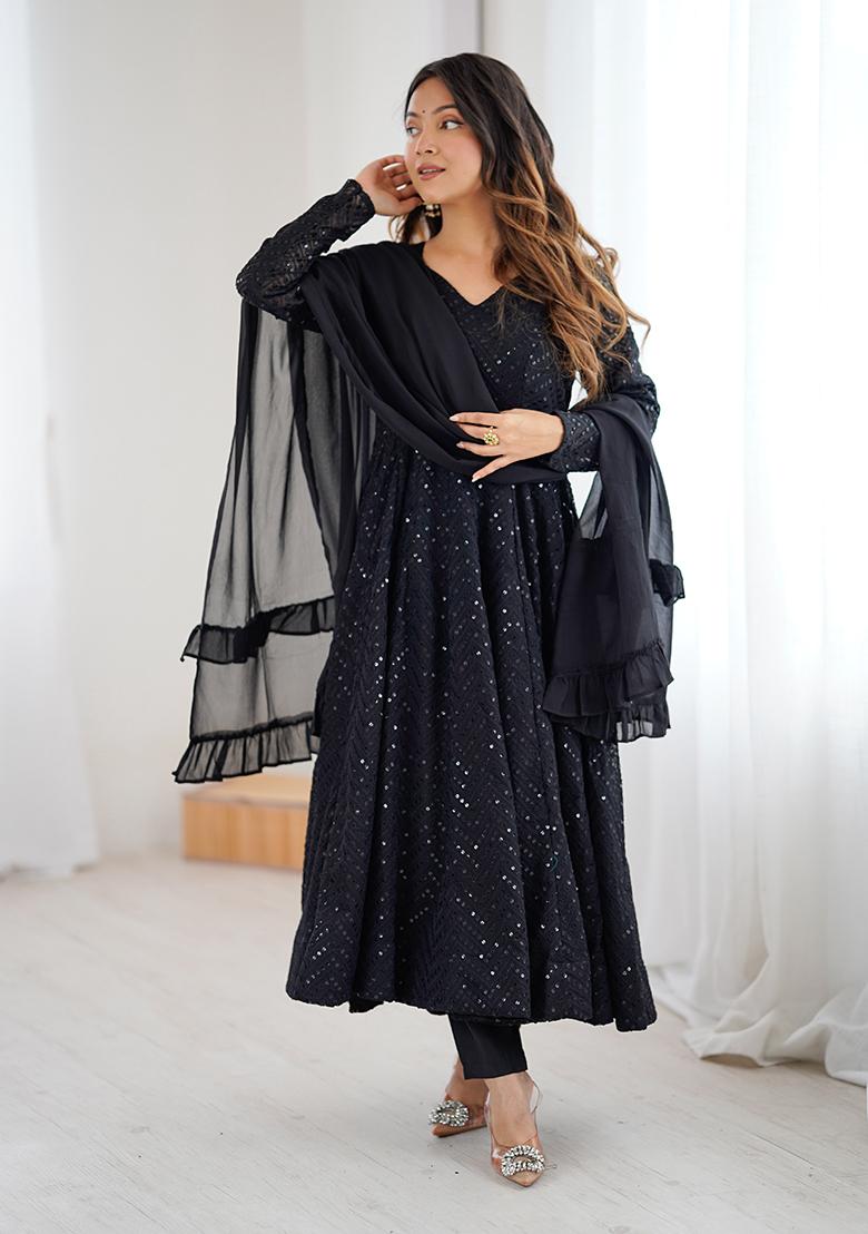 Black Embroidery Georgette Kurta Set - Indya