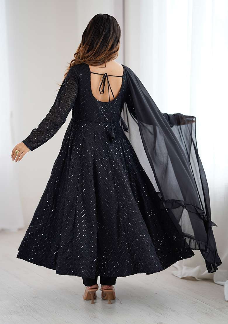Black Sequin Work Georgette Anarkali Set - Indya
