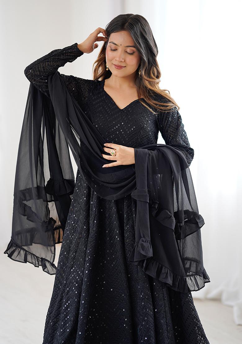 Black Embroidery Georgette Kurta Set - Indya