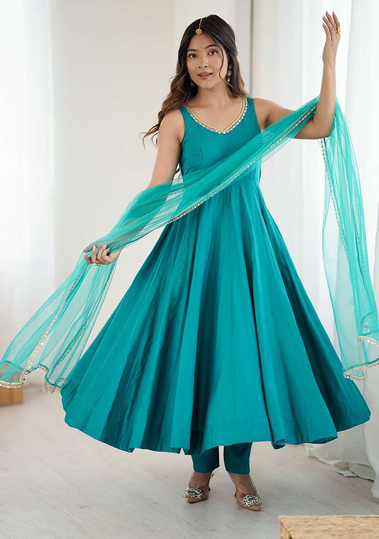 Rama Solid Chanderi Anarkali Set - Indya