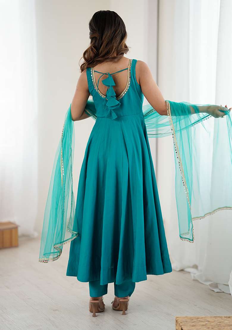 Rama Solid Chanderi Anarkali Set - Indya