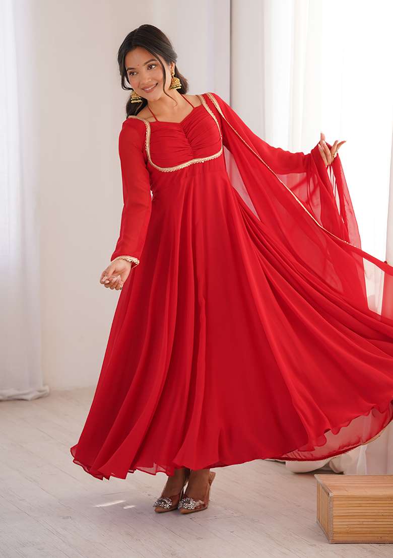 Red Solid Georgette Anarkali Set - Indya