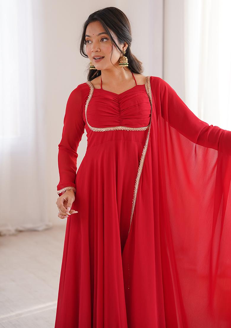 Red Lace Work Georgette Kurta With Dupatta - Indya