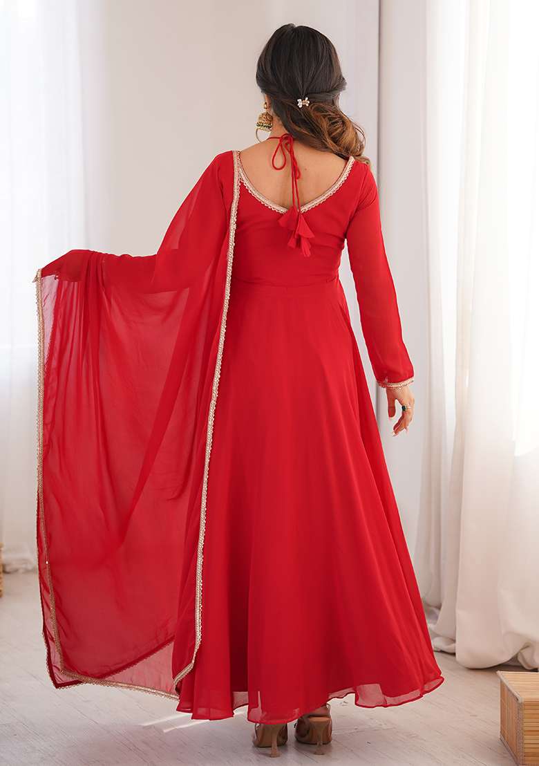 Red Solid Georgette Anarkali Set - Indya