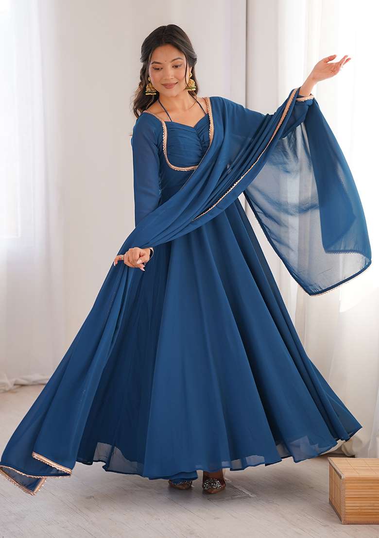 Teal Blue Solid Georgette Anarkali Set - Indya