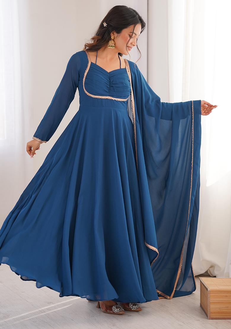 Teal Blue Lace Work Georgette Kurta With Dupatta - Indya