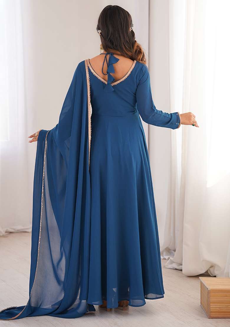 Teal Blue Solid Georgette Anarkali Set - Indya