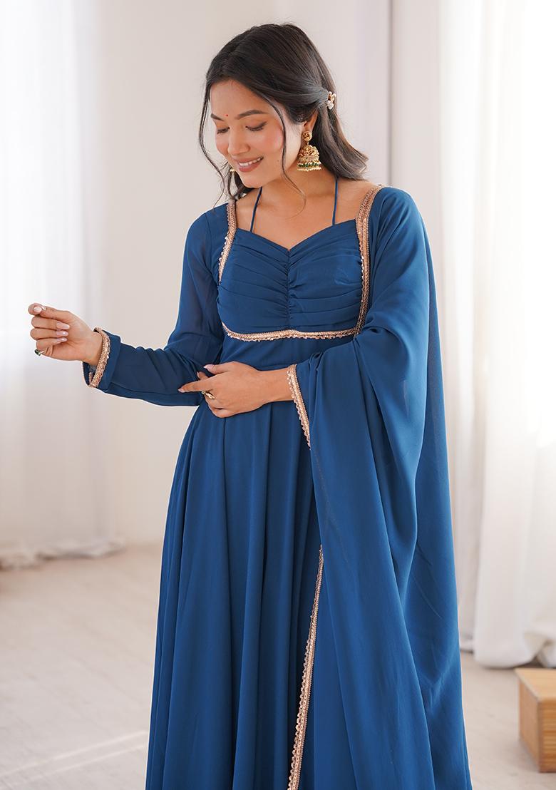 Teal Blue Lace Work Georgette Kurta With Dupatta - Indya