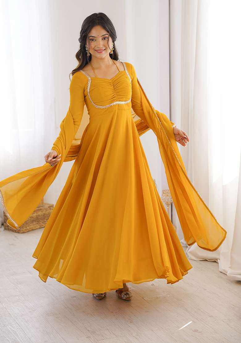 Yellow Solid Georgette Anarkali Set - Indya