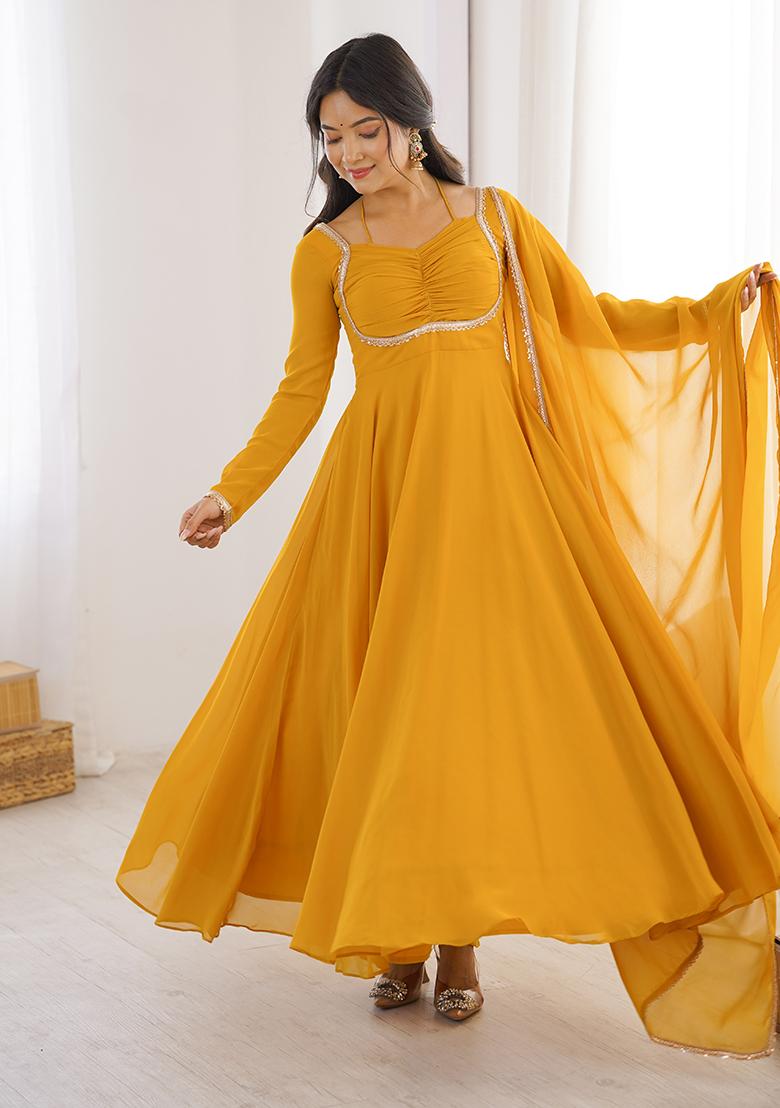 Yellow Lace Work Georgette Kurta With Dupatta - Indya