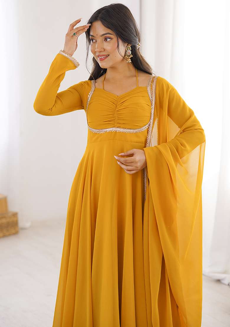 Yellow Solid Georgette Anarkali Set - Indya