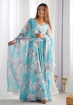 Cyan Floral Print Georgette Gown With Dupatta