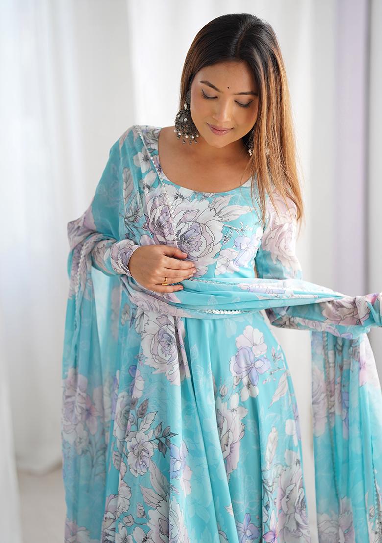 Cyan Floral Print Georgette Gown With Dupatta - Indya