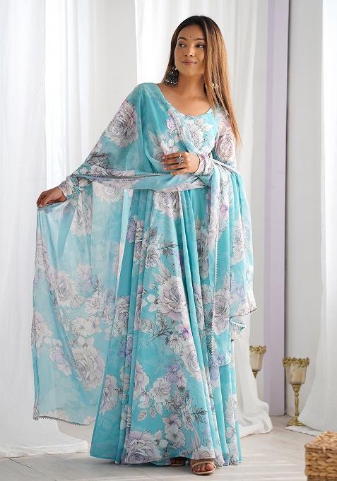 Cyan Floral Print Georgette Gown With Dupatta